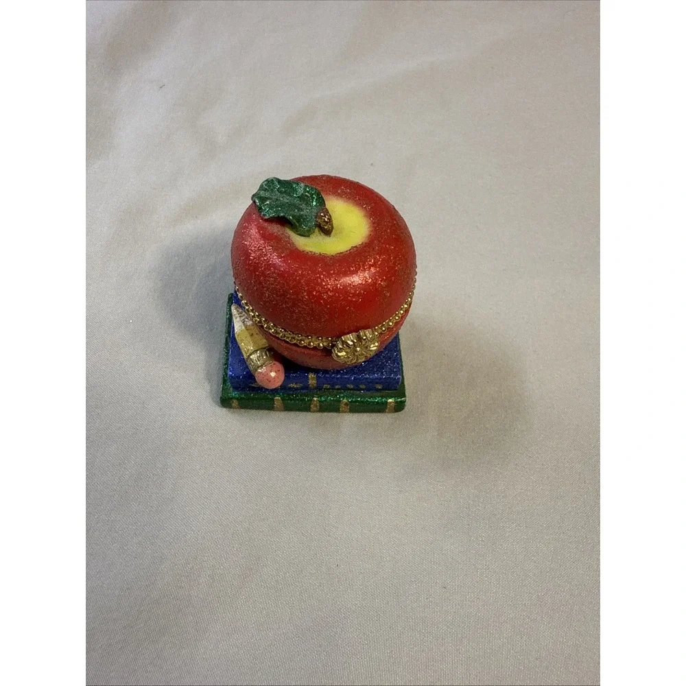 Vintage Porcelain Hinged Apple on Books Trinket Box Teacher Gift Gold Trim